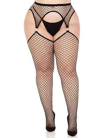 Чулки Leg Avenue Stokings with O-ring Attached Garter Belt, 1X/2X, черные, в сетку, имитация пояса Sex Aura Киев