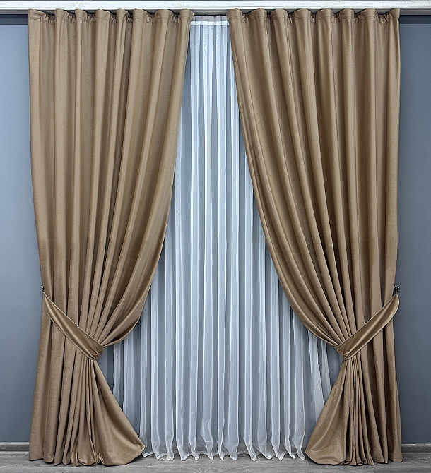 Шторная ткань бархат, высота 3м цвет бежевый 1549ш Киев - изображение 8