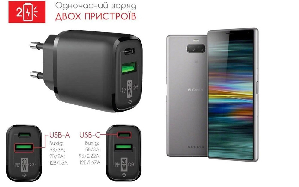 Сетевое зарядное устройство для Sony Xperia 10 I4113, 20W 3A, Quick Charge 3.0 Киев - изображение 1
