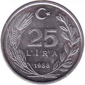 Монета 25 лир. 1974,88,8764,67 год, Турция.(Г) Полтава