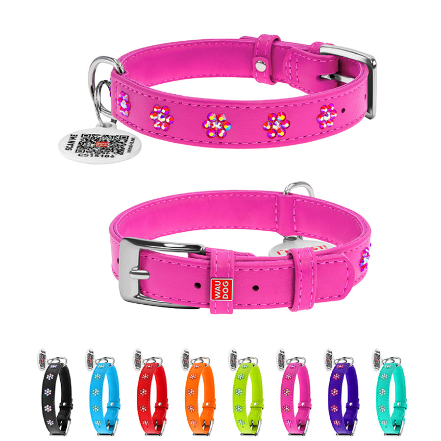 Нашийник для собак шкіряний WAUDOG Glamour з QR паспортом, з клейовими стразами "Квіти", Ш 15 м Коломия - фото 1