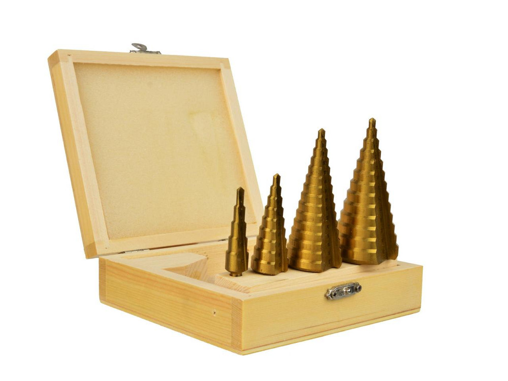 Свердла металу ступеневі "GEKO" [комплект 4шт] HSS-tyt  4,0-(12,0 / 20,0 / 32,0 / 39,0)мм в дерев'яному кейсі Киев - изображение 4