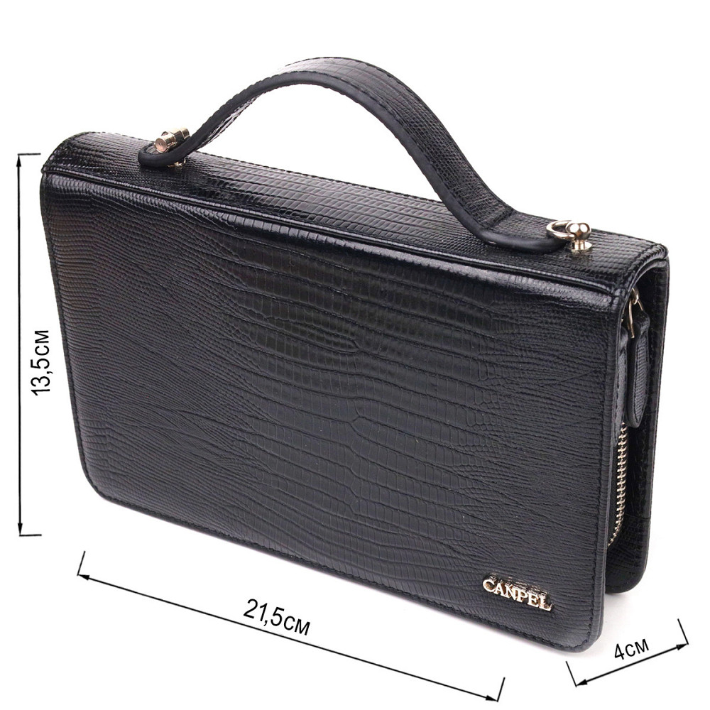 Необычная мужская барсетка на два отделения из натуральной фактурной кожи с тиснением под рептилию CANPELLINI 21571 Черная Киев - изображение 3