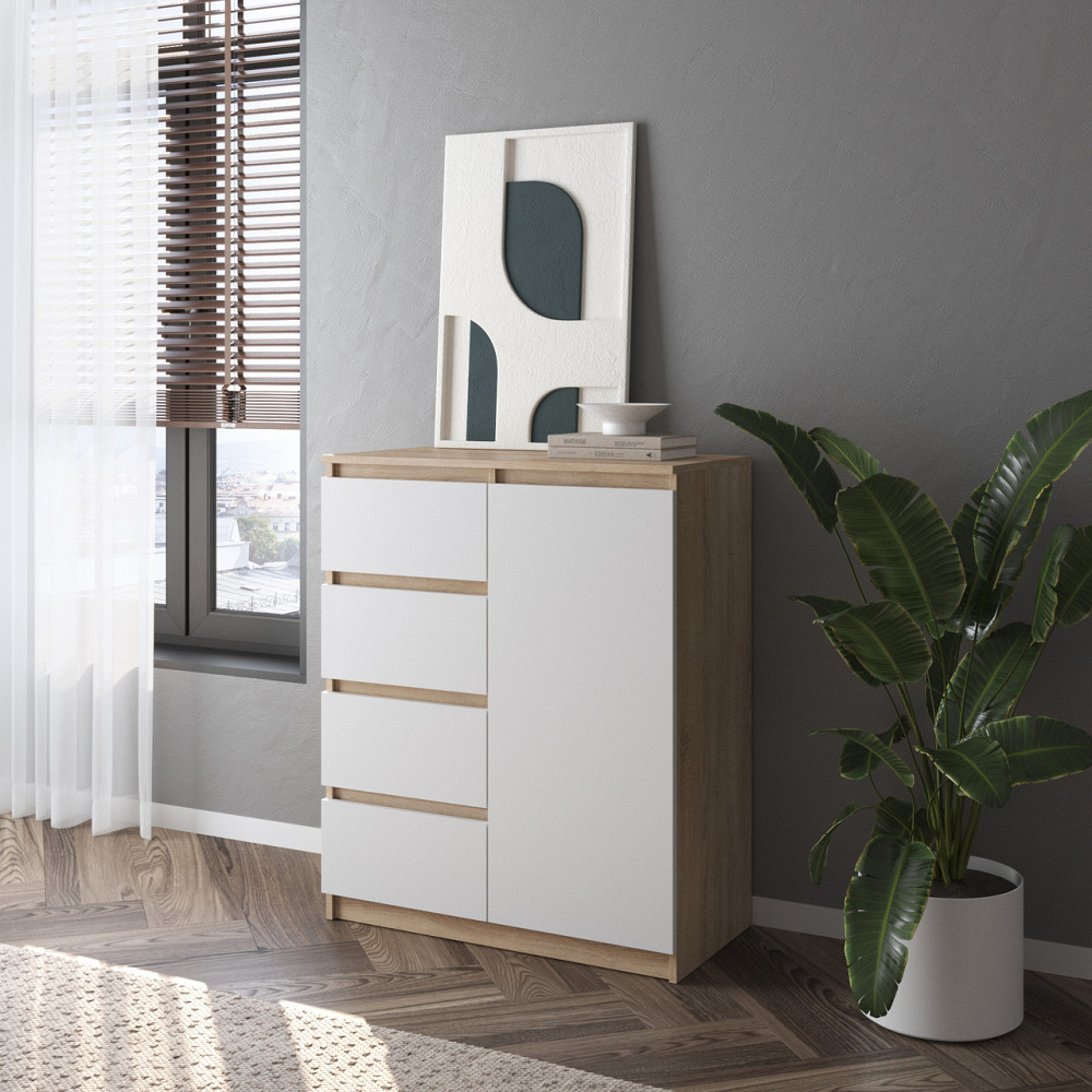 Комод VAYS, сучасний, з полицями, 4 шухляди, без ручок R-32 Дуб Сонома-Білий фасад Львів - фото 1