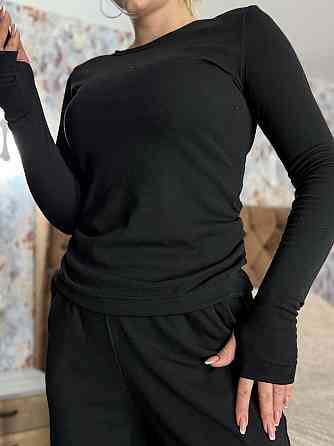 Женский теплый базовый костюм двойка: лонгслив и штаны джерси на флисе Черный, 46/48 Одесса