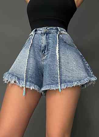 Шорты женские джинсовые Vanver 2016 с камнями короткие расклешенные с бахромой голубые, голубой, 26, 26, 69 см Киев