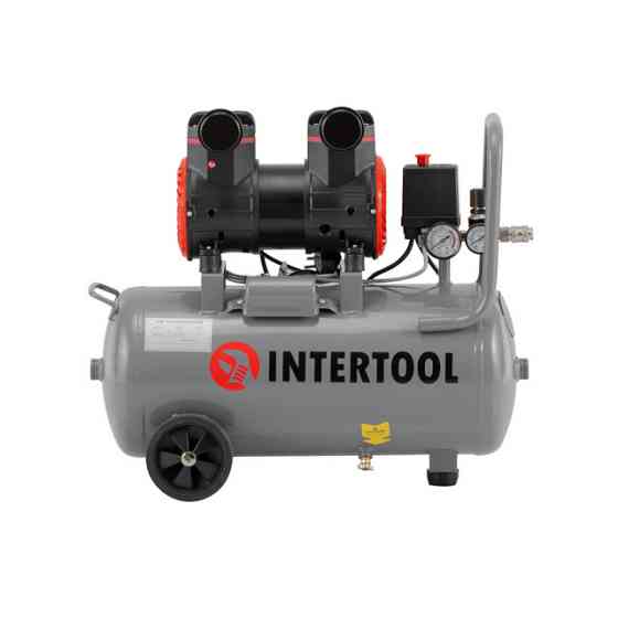 Компресор, 24 л, 1,5 кВт, 230 В, 8 атм, 250 л/хв, 2800 об/хв,  безмасляний, 2 циліндри, 68 дБ INTERTOOL PT-0033 Київ