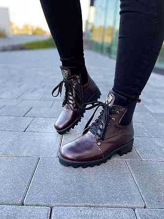 Черевики жіночі Odzi бордові натуральна шкіра з хутром висота 14см каблук 4см розмір 37 (2358) Коломыя