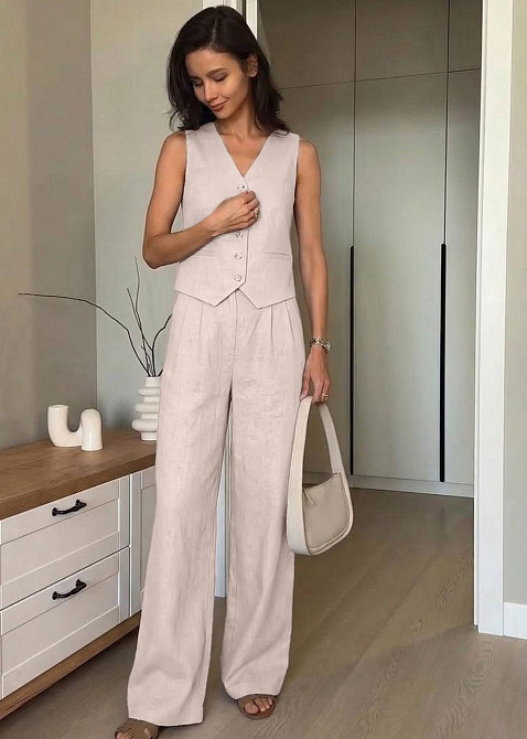 Жіночий стильний літній костюм-двійка льон Бежевий, 42/44 Одеса - фото 1