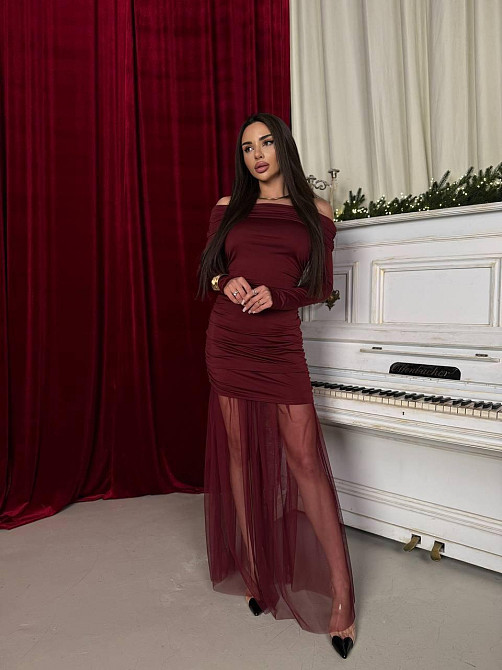 Жіноче елегантне вечірнє максіплаття, мікродайвінг і сітка Бордо, 42/44 Одеса - фото 1