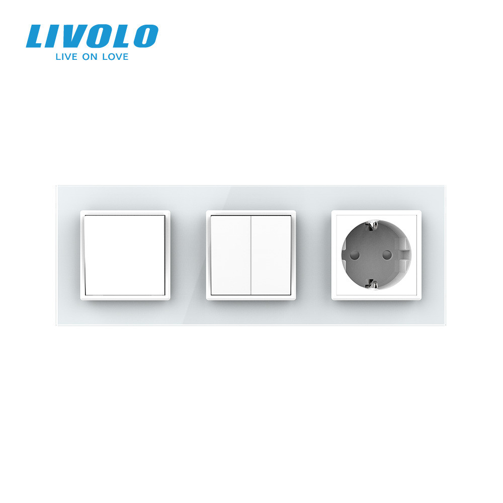 Трьохклавішний вимикач (1-2) з розеткою Livolo білий скло (VL-C7K1/K2/FCTC16A-6WP) Коломия - фото 3
