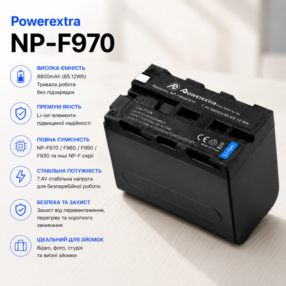 Аккумулятор Powerextra NP-F970 / NP-F960 / NP-F950 / NP-F930 8800 мАч для камер Sony, Li-ion Киев - изображение 9