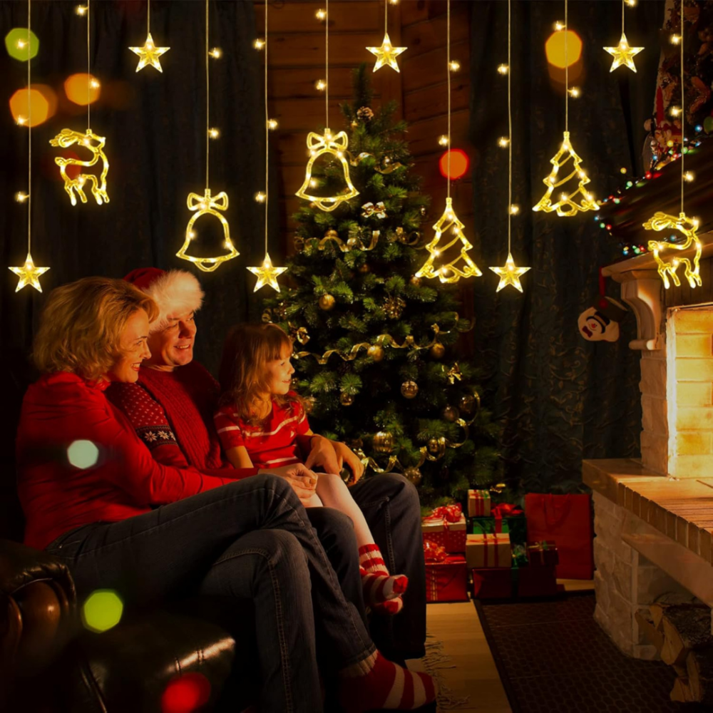 Светодиодная гирлянда штора микс 3м Niki Light Led занавес с фигурами колокольчики елки олени теплый белый Киев - изображение 6