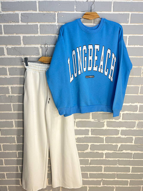 Костюм жіночий Quzen 388-488 подовжений світшот напис брюки палаццо широкі утеплений на флісі блакитний, блакитний, S Київ - фото 4