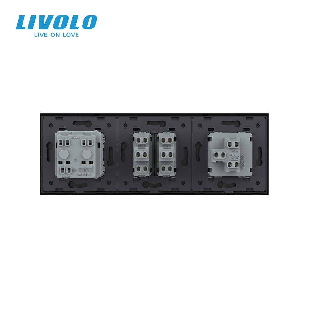 LIVOLO Трьохклавішний вимикач (1-2) з розеткою Livolo чорне скло (VL-C7K1/K2/FCTC16A-6BP) Коломия - фото 5