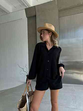 Жіночий літній костюм-трійка: сорочка топ і шорти креп жатка Чорний, 42/44 Одеса