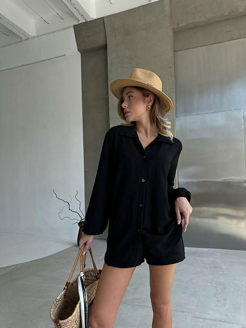 Жіночий літній костюм-трійка: сорочка топ і шорти креп жатка Чорний, 42/44 Одеса - фото 1