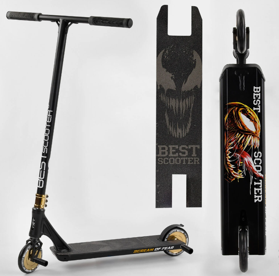 Самокат трюковий Best Scooter "SIMBIOTE" HIC-система ПЕГІ алюмінієвий диск та дека колеса 120 мм PU в коробці Чорний з принтом Чернігів - фото 1