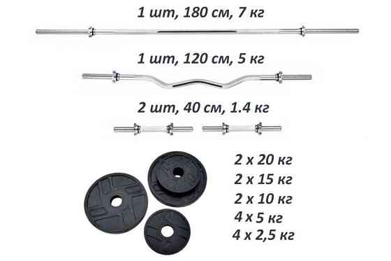 Дві штанги + 4 хромовані грифи + Набір обгумованих дисків 120 кг Гантелі, гирі, штанги та диски Київ