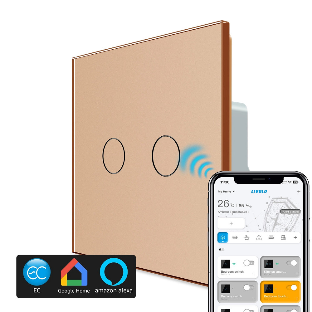 LIVOLO Розумний сенсорний ZigBee вимикач 2 сенсора Livolo золото скло (VL-C702Z-13) Коломыя - изображение 4