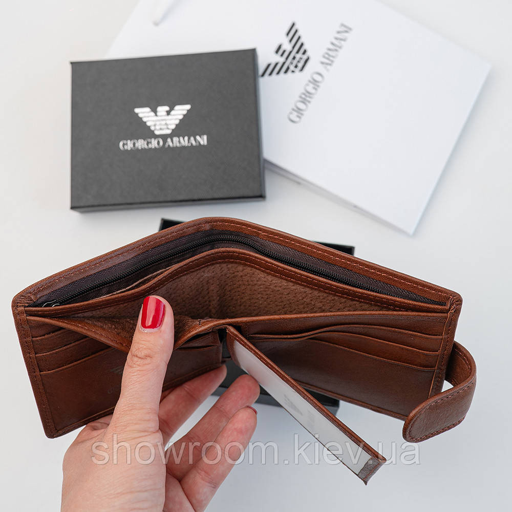 Мужское кожаное портмоне на кнопке Armani (2081) brown Киев - изображение 3
