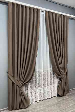 Комплект штор VR-Textil рогожка преміум TERRA LUXE 200х270 2шт і Тюль 600х270 1860ш-1668т Какао з білим 71-115/7 Київ