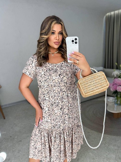 Женское легкое принтованное платье батал штапель Бежевый, 56 Одесса - изображение 3