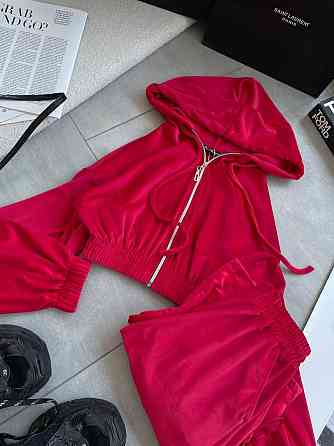 Женский прогулочный оверсайз костюм двойка: кофта и штаны турецкий велюр. Красный Одесса