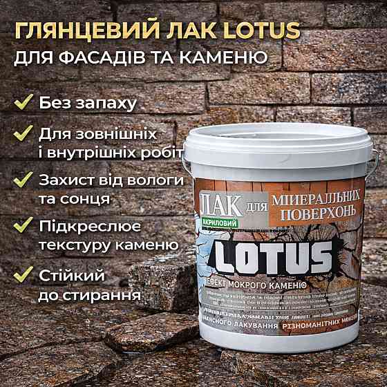 Фасадний лак для каменю та цегли LOTUS «Мокрий камінь» глянцевий акриловий прозорий для фасаду, бетону та дерева 10 л Харків