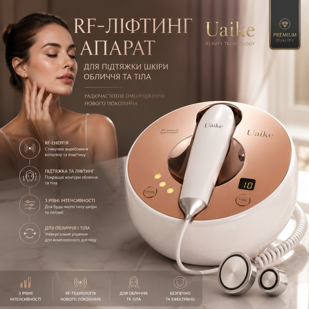 РФ-ліфтинг апарат Uaike RF для підтяжки шкіри обличчя та тіла, радіочастотний пристрій для омолодження, 3 рівні, 2 насадки Київ - фото 11