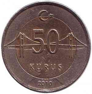 Монета 50 курушів. 2010 рік, Туреччина.(Г) Полтава