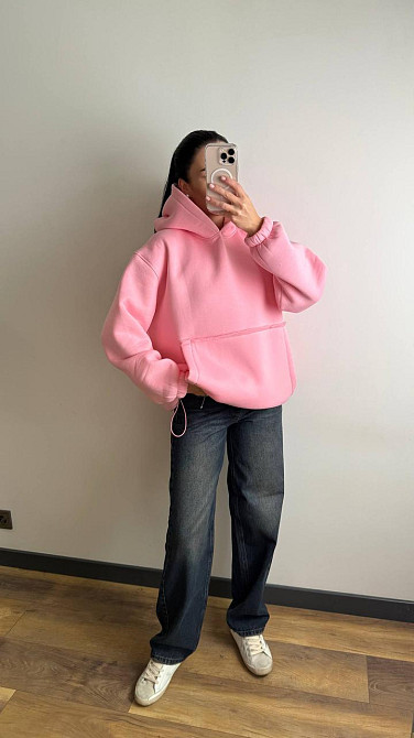 Жіноче тепле об'ємне базове худі оверсайз крою турецька тринитка на флісі Барбі Одеса - фото 4