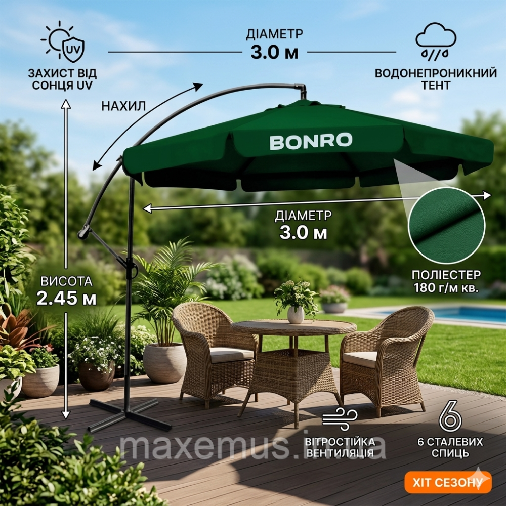 Зонт садовый уличный Bonro B-7218 3 м Зеленый с наклоном от солнца и дождя Мостиска - изображение 15