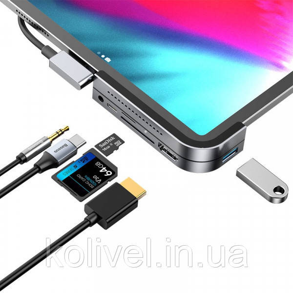 Док-станція USB3.1 Type-C --> HDMI/USB 3.0x3/TF,SD/Type C PD/3.5mm Темно-сіра Baseus (CAHUB-WJ0G) Київ - фото 3