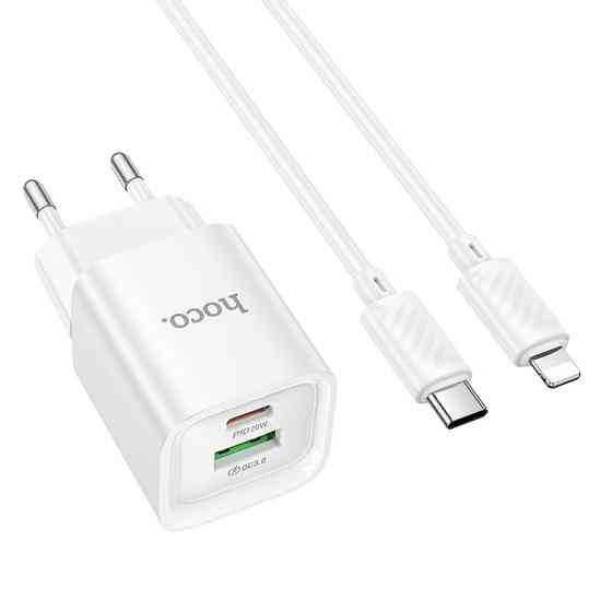 Мережевий зарядний пристрій з кабелем HOCO C147A Charm PD20W+QC3.0 charger set (C to iP)(EU) White Одеса