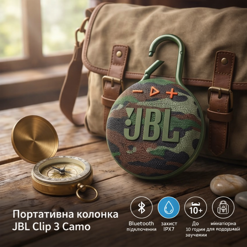 Портативная колонка JBL Clip 3 Camo Bluetooth, IPX7, до 10 ч, микрофон, карабин, компактная акустика Киев - изображение 5