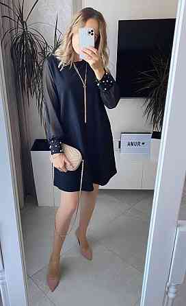 Жіноча святкова сукня прикрашена намистинками турецький креп-дайвінг + шифонові рукави Чорний, 42/46 Одеса