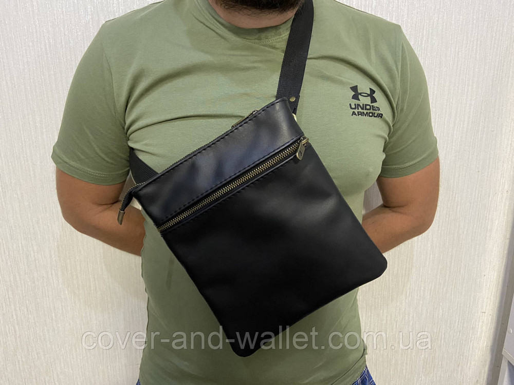 Стильная тонкая мужская сумка на плечо из итальянской кожи черного цвета PS Leather Киев - изображение 2