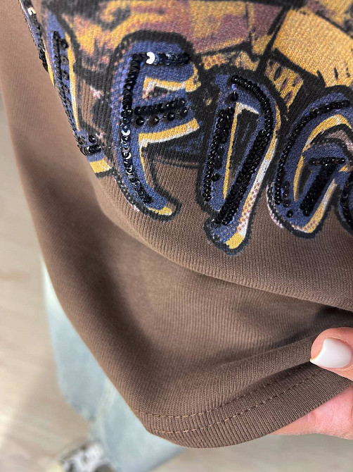 Футболка жіноча Yihanbeibei 1669 оверсайз тепла малюнок дівчина пайєтки щільний трикотаж one size коричнева, коричневий, one size Київ - фото 5