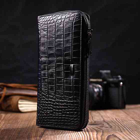 Місткий жіночий гаманець з натуральної шкіри з тисненням під крокодила Чорний (BOND) Київ