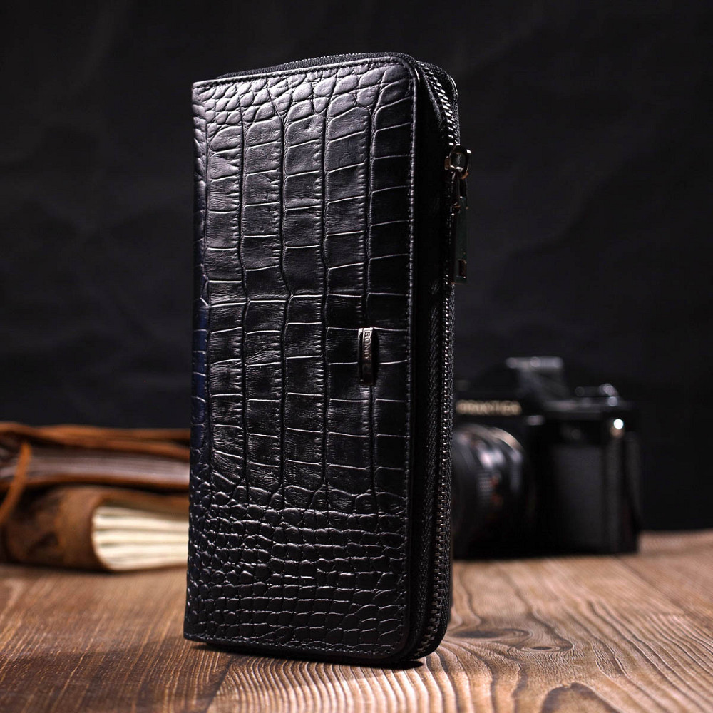 Місткий жіночий гаманець з натуральної шкіри з тисненням під крокодила Чорний (BOND) Київ - фото 2