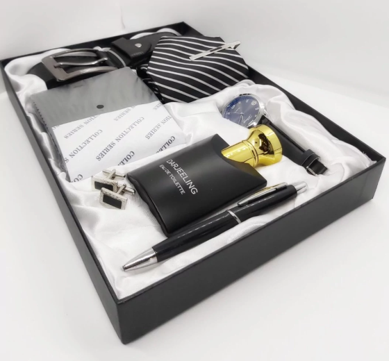Чоловічий подарунковий набір A06814 ремінь, ручка, краватка, годинник, парфуми, запонки Коричневий Київ