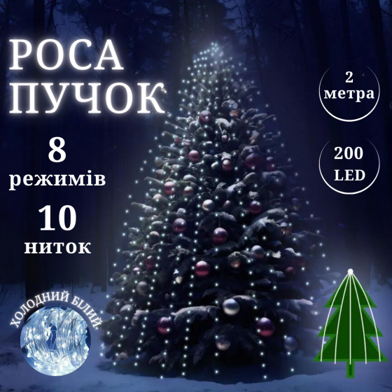 Роса пучок 2 метри 10 ниток Niki Light кінський хвіст з пультом 200 Led гірлянда для ялинки холодний Київ