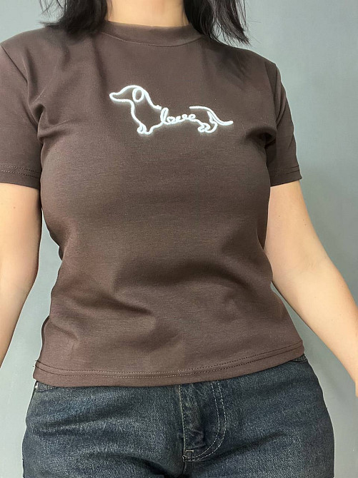 Футболка жіноча A-N 25195 однотонна базова з вишивкою собачки попереду середня довжина  one size, коричневий, one size Київ - фото 9