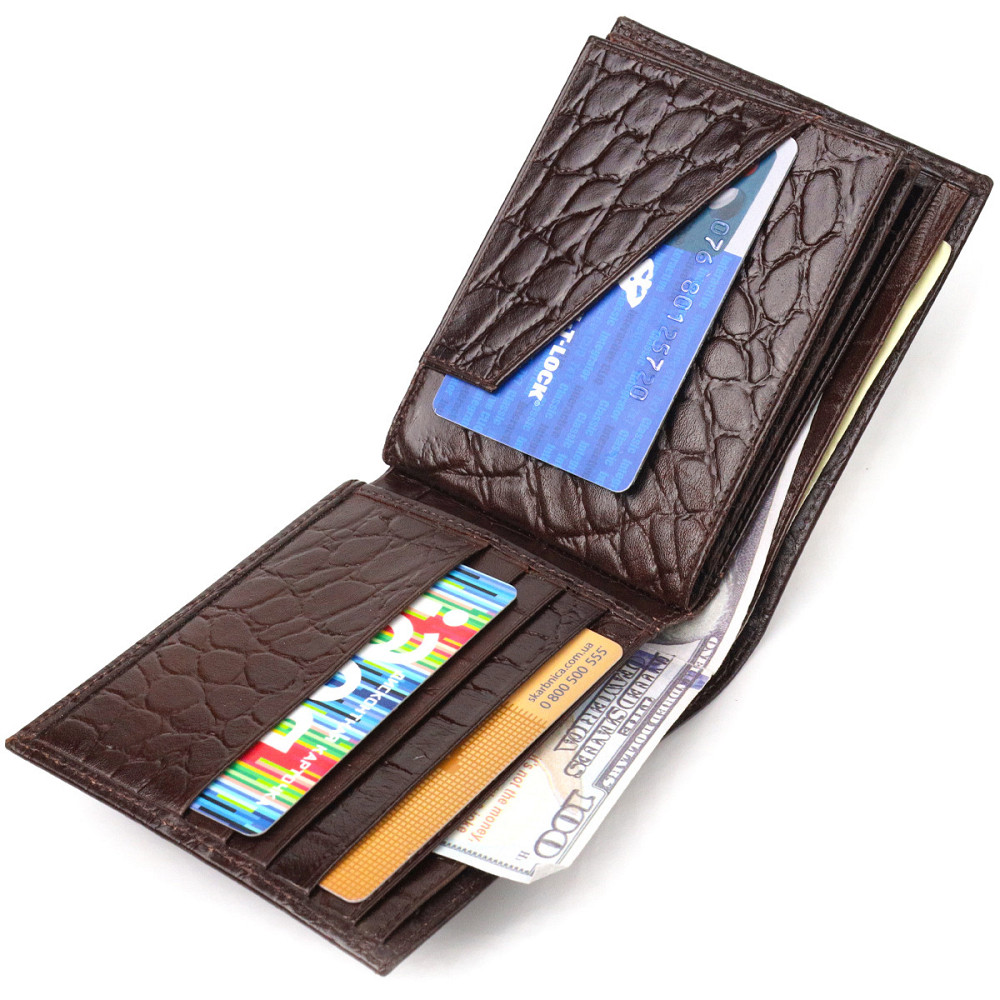 Интересный кошелек для мужчин в два сложения из натуральной фактурной кожи с тиснением под крокодила CANPELLINI 21583 Коричневый Киев - изображение 5