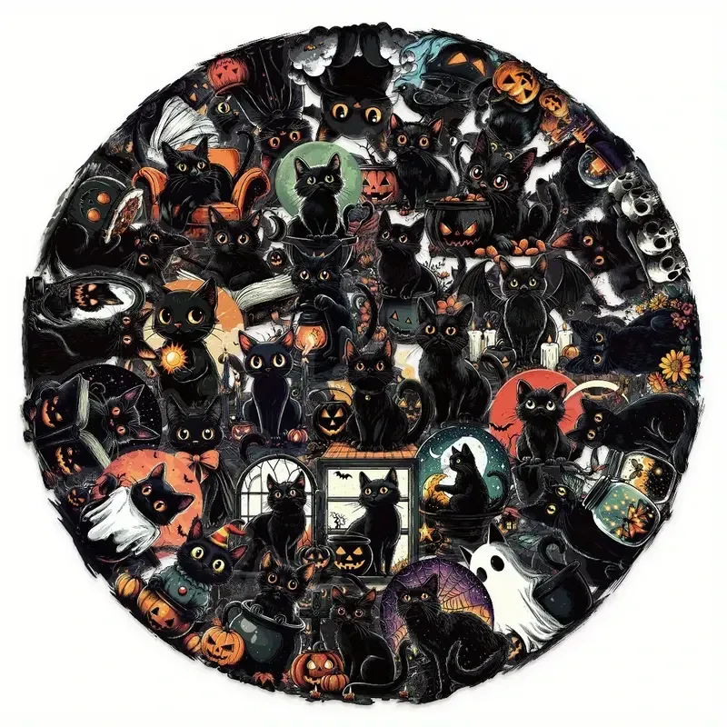 Набір наліпок "Чорні коти на Гелловін" – 50 шт. водостійких стікерів із гарбузами, кажанами та привидами Київ - фото 2