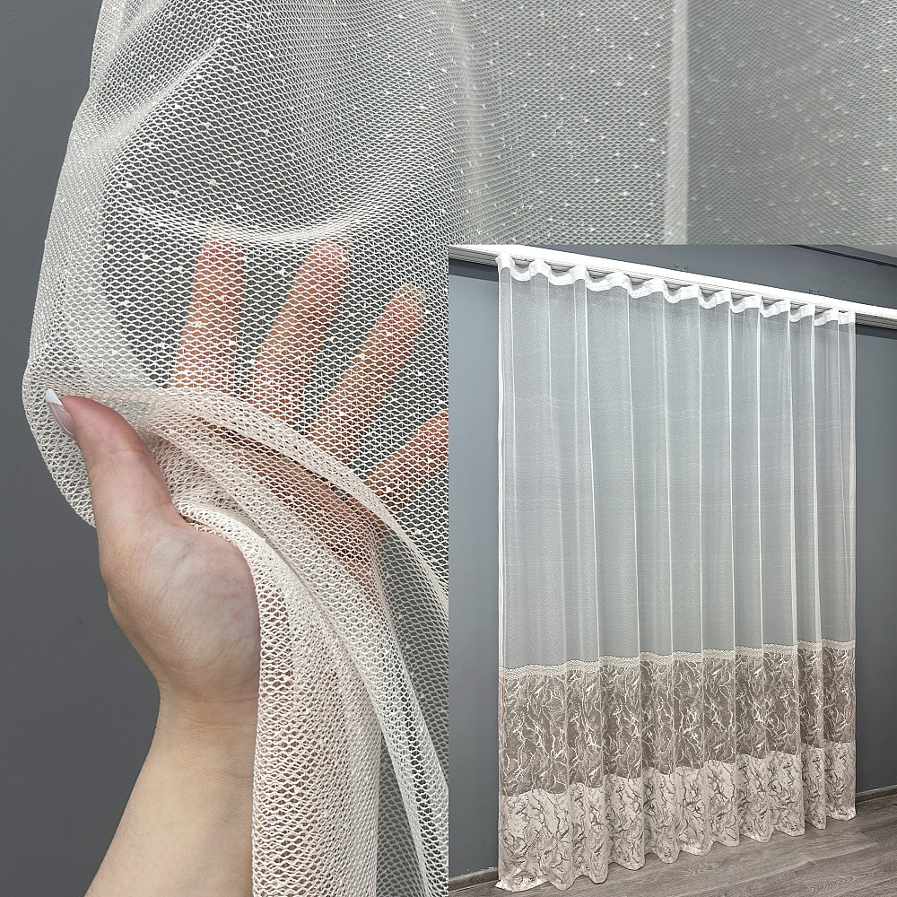 Тюль VR-Textil 1668т Жакард Білий з бежевим 400х270 см (42-0996) Київ - фото 1