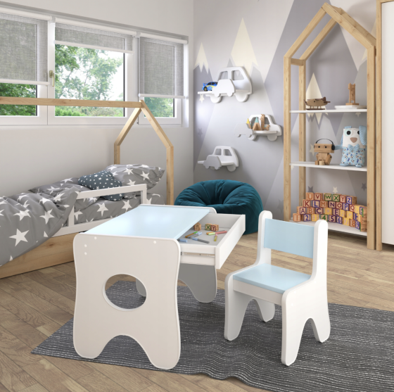 Стільчик для дитячої кімнати 55×37×33 дитячий зручний стілець для ігор, білий з блакитним Кам'янське