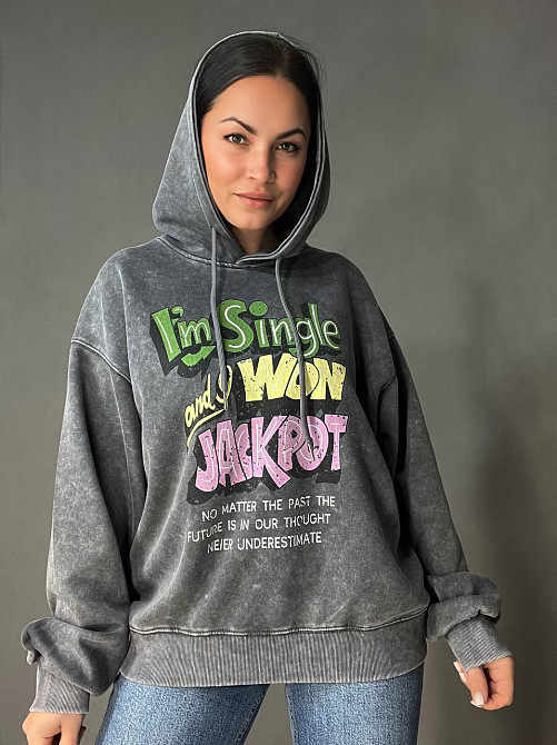 Худи женский A-N 25040 удлиненный оверсайз с капюшоном вареный дай цветная надпись впереди one size, графит, one size Киев - изображение 1