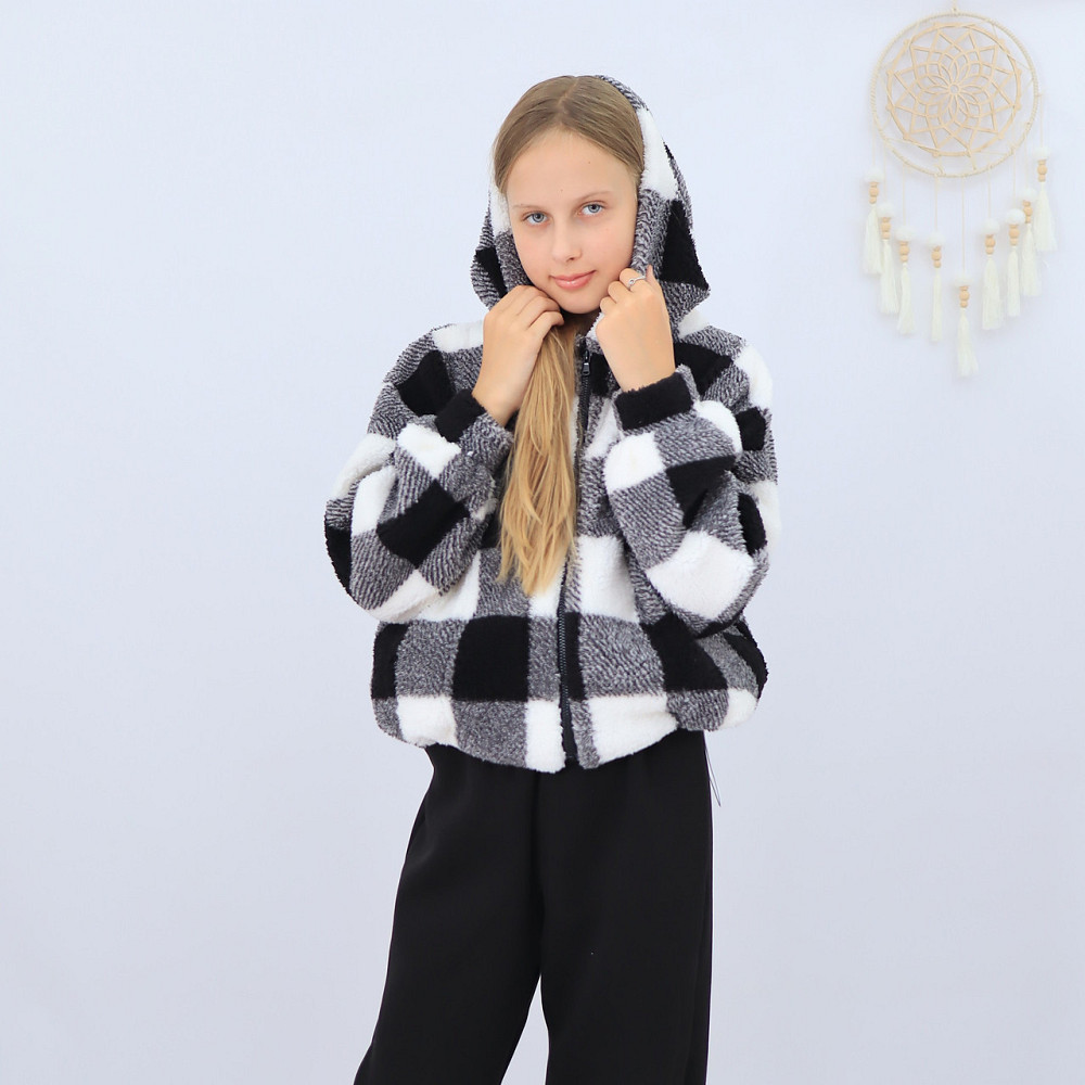 Детская теплая куртка тедди на змейке в черно-белую клеточку 86 Каменец-Подольский - изображение 4